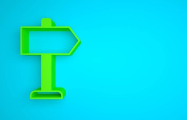 Green Road traffic sign. Signpost icon isolated on blue background. Pointer symbol. Isolated street information sign. Direction sign. Minimalism concept. 3D render illustration.