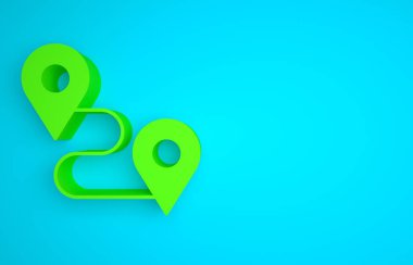 Green Route location icon isolated on blue background. Map pointer sign. Concept of path or road. GPS navigator. Minimalism concept. 3D render illustration.
