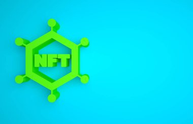 Green NFT blockchain technology icon isolated on blue background. Non fungible token. Digital crypto art concept. Minimalism concept. 3D render illustration.