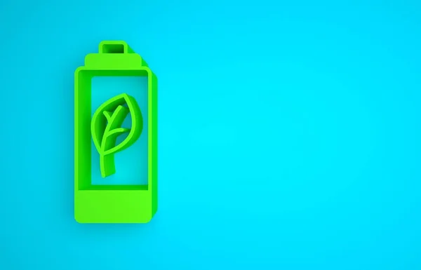 Green Eco nature leaf and battery icon isolated on blue background. Energy based on ecology saving concept. Minimalism concept. 3D render illustration.