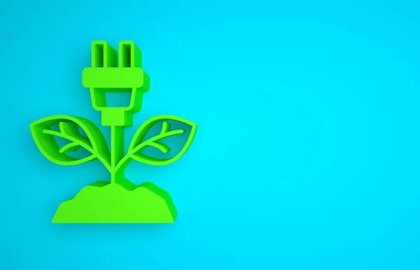Green Electric saving plug in leaf icon isolated on blue background. Save energy electricity. Environmental protection. Bio energy. Minimalism concept. 3D render illustration.