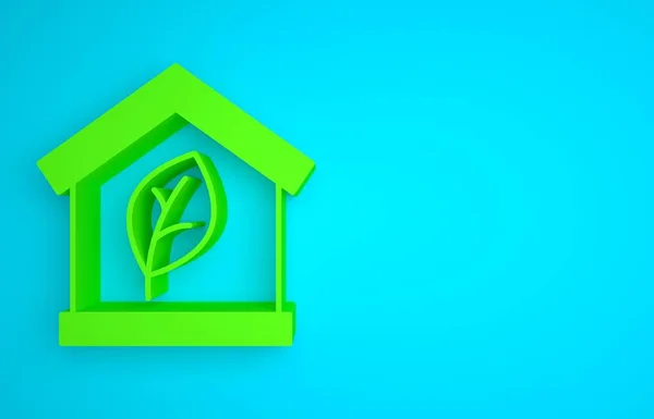 Green Eco friendly house icon isolated on blue background. Eco house with leaf. Minimalism concept. 3D render illustration.