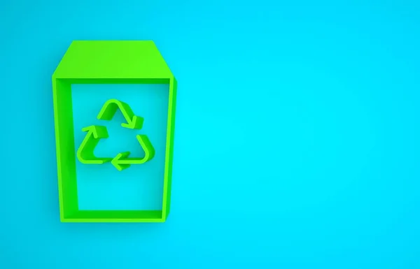 Green Recycle bin with recycle symbol icon isolated on blue background. Trash can icon. Garbage bin sign. Recycle basket sign. Minimalism concept. 3D render illustration.