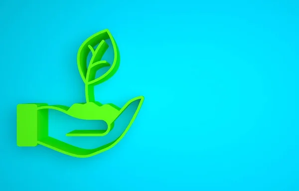 Green Plant in hand of environmental protection icon isolated on blue background. Seed and seedling. Planting sapling. Minimalism concept. 3D render illustration.