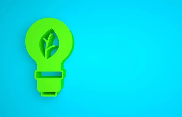 Green Light bulb with leaf icon isolated on blue background. Eco energy concept. Alternative energy concept. Minimalism concept. 3D render illustration.