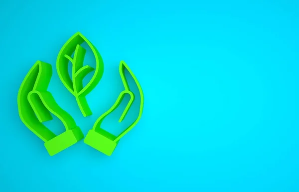 Green Hand hold a leaf of the plant icon isolated on blue background. Care nature. Leaf shoots with environmental protection. Minimalism concept. 3D render illustration.