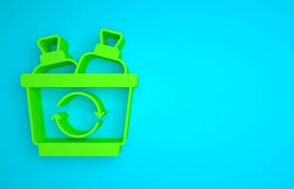 Green Recycle bin with recycle symbol icon isolated on blue background. Trash can icon. Garbage bin sign. Recycle basket sign. Minimalism concept. 3D render illustration.