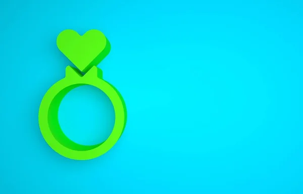 Green Wedding rings icon isolated on blue background. Bride and groom jewelry sign. Marriage symbol. Diamond ring. Minimalism concept. 3D render illustration.