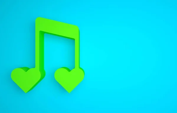 Green Music note, tone with hearts icon isolated on blue background. Happy Valentines day. Minimalism concept. 3D render illustration.