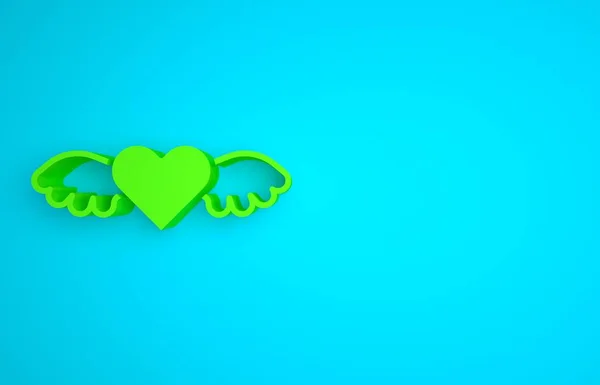 Green Heart with wings icon isolated on blue background. Love symbol. Happy Valentines day. Minimalism concept. 3D render illustration.