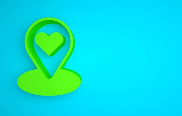 Green Map pointer with heart icon isolated on blue background. Valentines day. Love location. Romantic map pin. Minimalism concept. 3D render illustration.