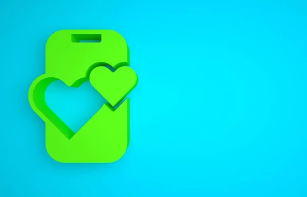 Green Dating app online mobile concept icon isolated on blue background. Female male profile flat design. Couple match for relationship. Minimalism concept. 3D render illustration.