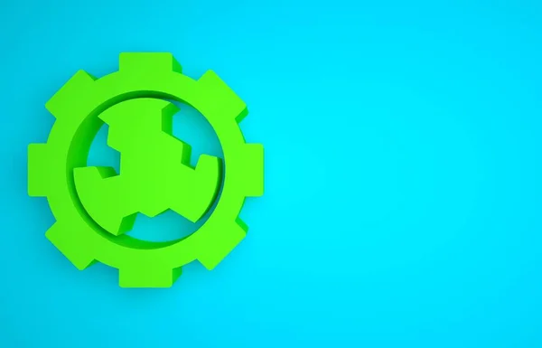 Green Globe of the Earth and gear or cog icon isolated on blue background. Setting parameters. Global Options. Minimalism concept. 3D render illustration.