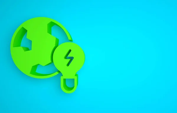 Green Global energy power planet with bulb icon isolated on blue background. Ecology concept and environmental. Minimalism concept. 3D render illustration.