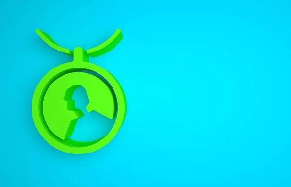 Green Locket on necklace icon isolated on blue background. Minimalism concept. 3D render illustration.