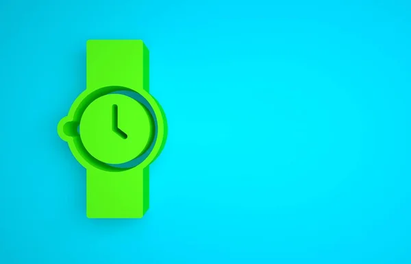 Green Wrist watch icon isolated on blue background. Wristwatch icon. Minimalism concept. 3D render illustration.