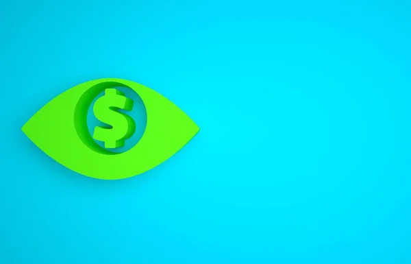 Green Eye with dollar icon isolated on blue background. Minimalism concept. 3D render illustration.