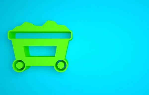 Green Mine cart with gold icon isolated on blue background. Minimalism concept. 3D render illustration.