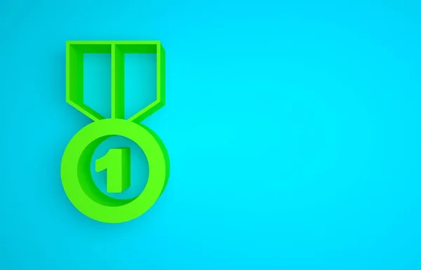 Green Gold medal icon isolated on blue background. Winner symbol. Minimalism concept. 3D render illustration.