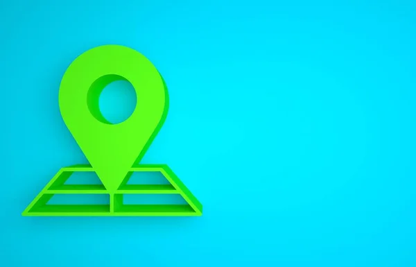 Green Folded map with location marker icon isolated on blue background. Minimalism concept. 3D render illustration.