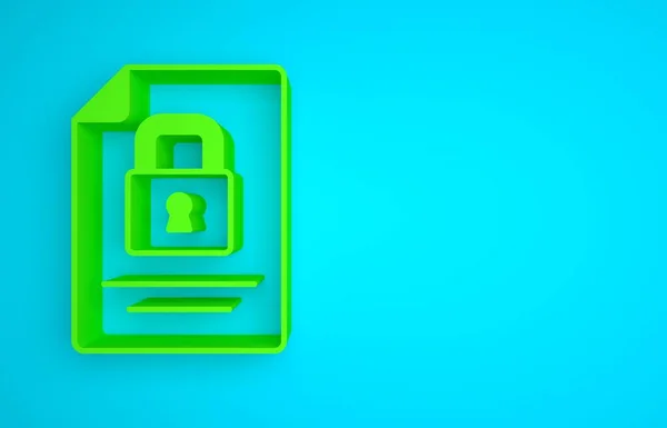 Green Document and lock icon isolated on blue background. File format and padlock. Security, safety, protection concept. Minimalism concept. 3D render illustration.
