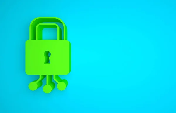 Green Cyber security icon isolated on blue background. Closed padlock on digital circuit board. Safety concept. Digital data protection. Minimalism concept. 3D render illustration.