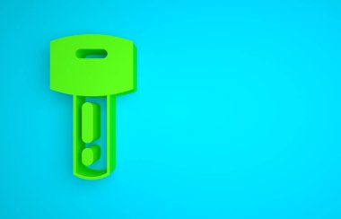 Green Car key with remote icon isolated on blue background. Car key and alarm system. Minimalism concept. 3D render illustration.