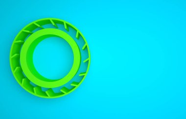 Green Car tire wheel icon isolated on blue background. Minimalism concept. 3D render illustration.