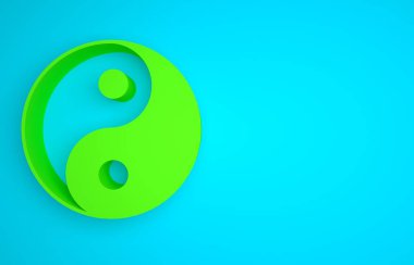 Green Yin Yang symbol of harmony and balance icon isolated on blue background. Minimalism concept. 3D render illustration.
