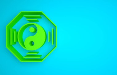 Green Yin Yang symbol of harmony and balance icon isolated on blue background. Minimalism concept. 3D render illustration.