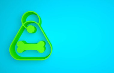 Green Dog collar with name tag and bone plaque icon isolated on blue background. Supplies for domestic animal. Cat and dog care. Pet dog chains. Minimalism concept. 3D render illustration.