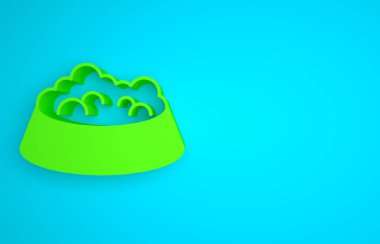 Green Pet food bowl for cat or dog icon isolated on blue background. Dog or cat paw print. Minimalism concept. 3D render illustration.
