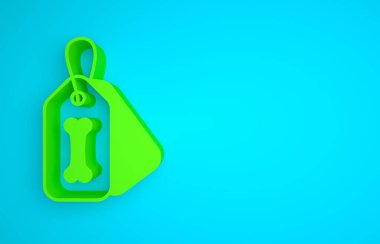 Green Dog collar with name tag and bone plaque icon isolated on blue background. Supplies for domestic animal. Cat and dog care. Pet dog chains. Minimalism concept. 3D render illustration.