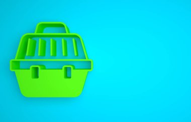 Green Pet carry case icon isolated on blue background. Carrier for animals, dog and cat. Container for animals. Animal transport box. Minimalism concept. 3D render illustration.