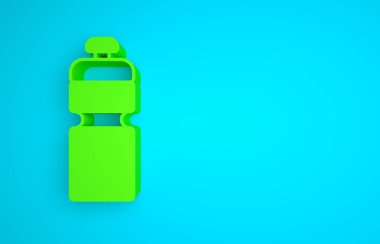 Green Fitness shaker icon isolated on blue background. Sports shaker bottle with lid for water and protein cocktails. Minimalism concept. 3D render illustration.