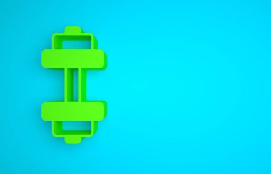 Green Dumbbell icon isolated on blue background. Muscle lifting, fitness barbell, sports equipment. Minimalism concept. 3D render illustration.