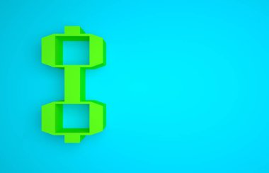 Green Dumbbell icon isolated on blue background. Muscle lifting, fitness barbell, sports equipment. Minimalism concept. 3D render illustration.