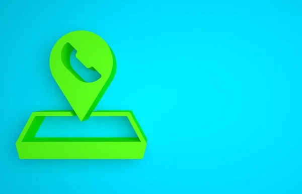 Green Map pointer with telephone or communication icon isolated on blue background. Call center location. Minimalism concept. 3D render illustration.