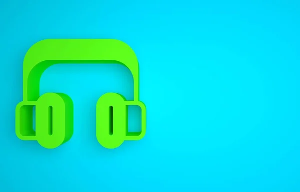 Green Headphones icon isolated on blue background. Support customer service, hotline, call center, faq, maintenance. Minimalism concept. 3D render illustration.