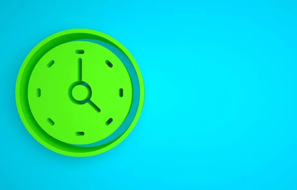 Green Clock icon isolated on blue background. Time symbol. Minimalism concept. 3D render illustration.