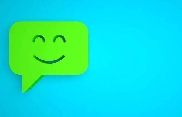 Green Smile face icon isolated on blue background. Smiling emoticon. Happy smiley chat symbol. Minimalism concept. 3D render illustration.