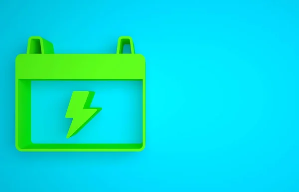 Green Car battery icon isolated on blue background. Accumulator battery energy power and electricity accumulator battery. Minimalism concept. 3D render illustration.