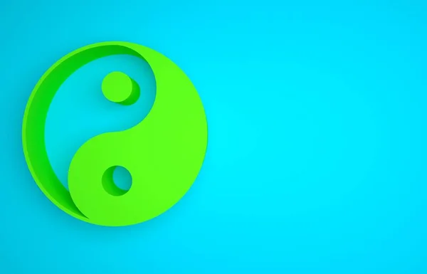 Green Yin Yang symbol of harmony and balance icon isolated on blue background. Minimalism concept. 3D render illustration.