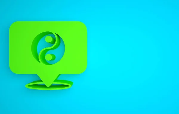 Green Yin Yang symbol of harmony and balance icon isolated on blue background. Minimalism concept. 3D render illustration.