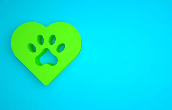 Green Heart with animals footprint icon isolated on blue background. Pet paw in heart. Love to the animals. Minimalism concept. 3D render illustration.