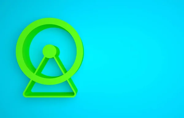Green Hamster wheel icon isolated on blue background. Wheel for rodents. Pet shop. Minimalism concept. 3D render illustration.