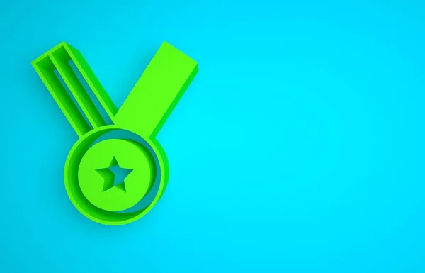 Green Medal icon isolated on blue background. Winner achievement sign. Award medal. Minimalism concept. 3D render illustration.