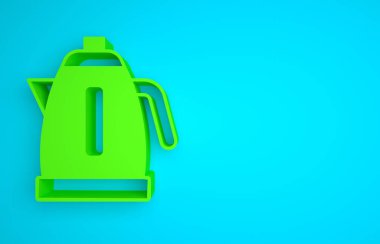 Green Electric kettle icon isolated on blue background. Teapot icon. Minimalism concept. 3D render illustration .