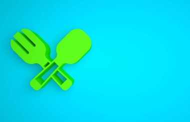 Green Crossed fork and spoon icon isolated on blue background. Cooking utensil. Cutlery sign. Minimalism concept. 3D render illustration .