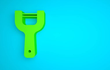 Green Vegetable peeler icon isolated on blue background. Knife for cleaning of vegetables. Kitchen item, appliance. Minimalism concept. 3D render illustration .